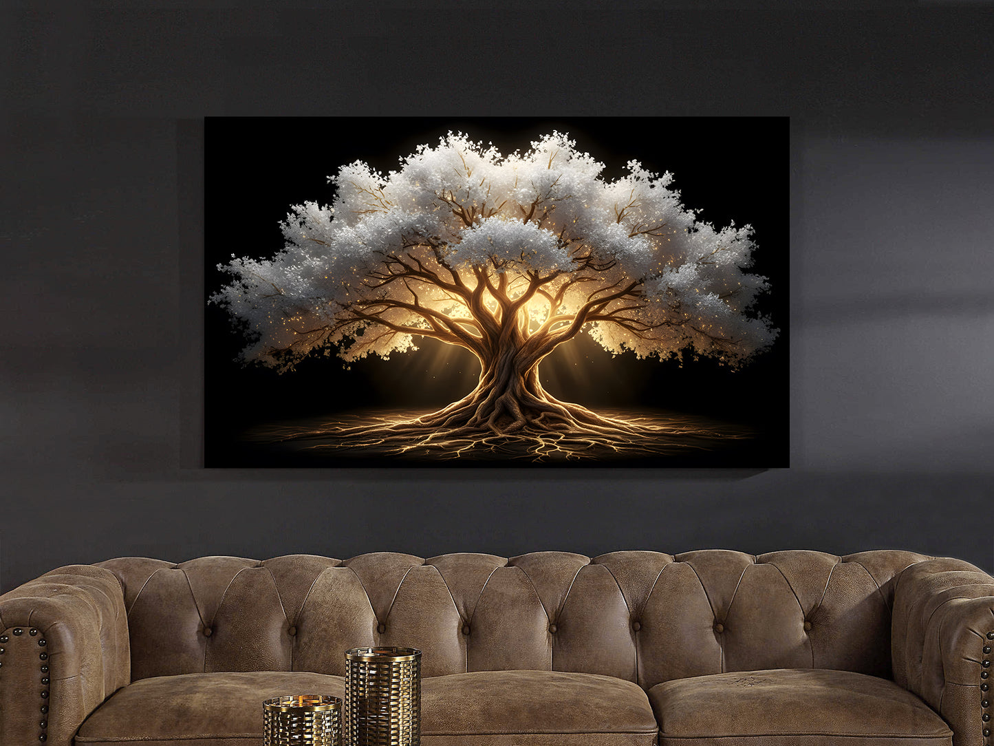 White/Gold Tree Of Life Glass Wall Art 60"x36"