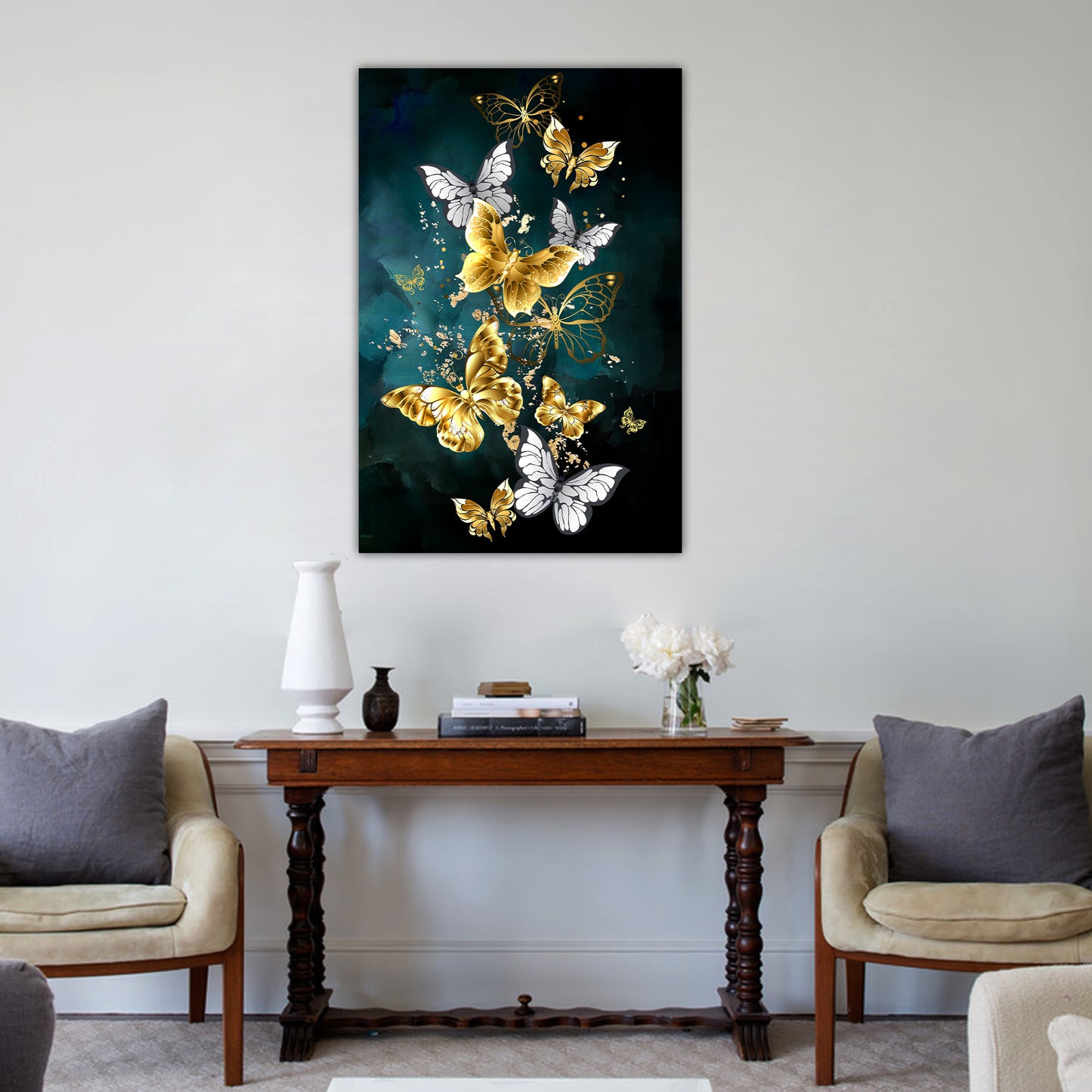 Gold Accent Butterflies Glass Wall Art 48"x32" - Expo Home Decor