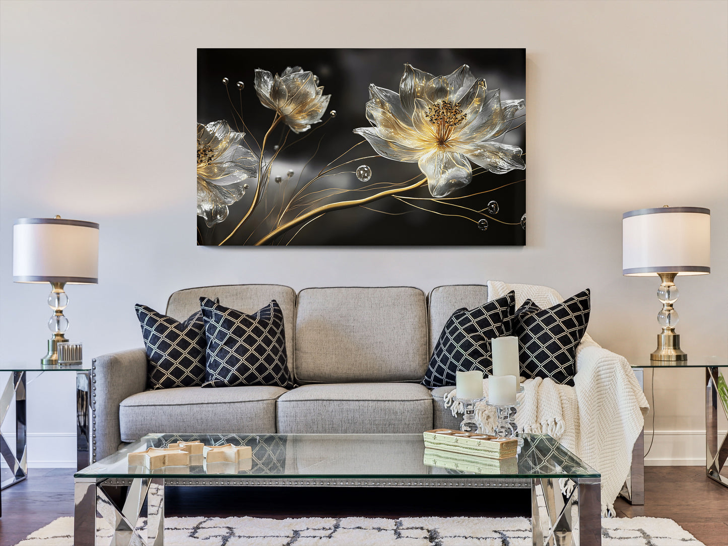 Gold/Silver Flowers Glass Wall Art 60"x36"