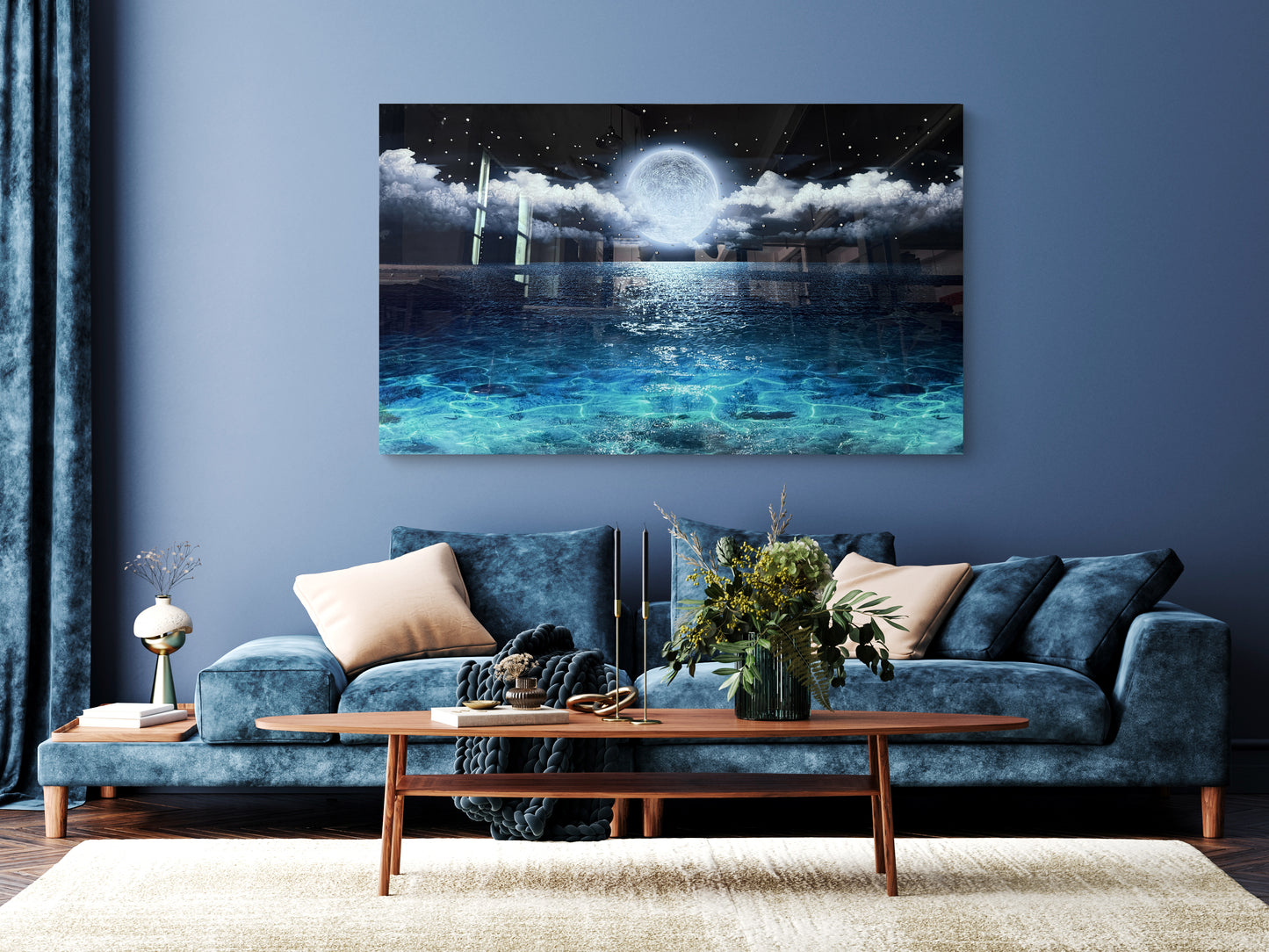 Aqua Moon Lite Glass Wall Art 60"x36"