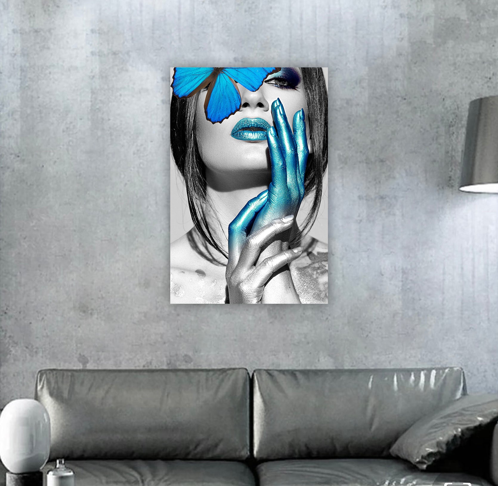 Blue Butterfly on Woman Glass Wall Art 48"x32" - Expo Home Decor