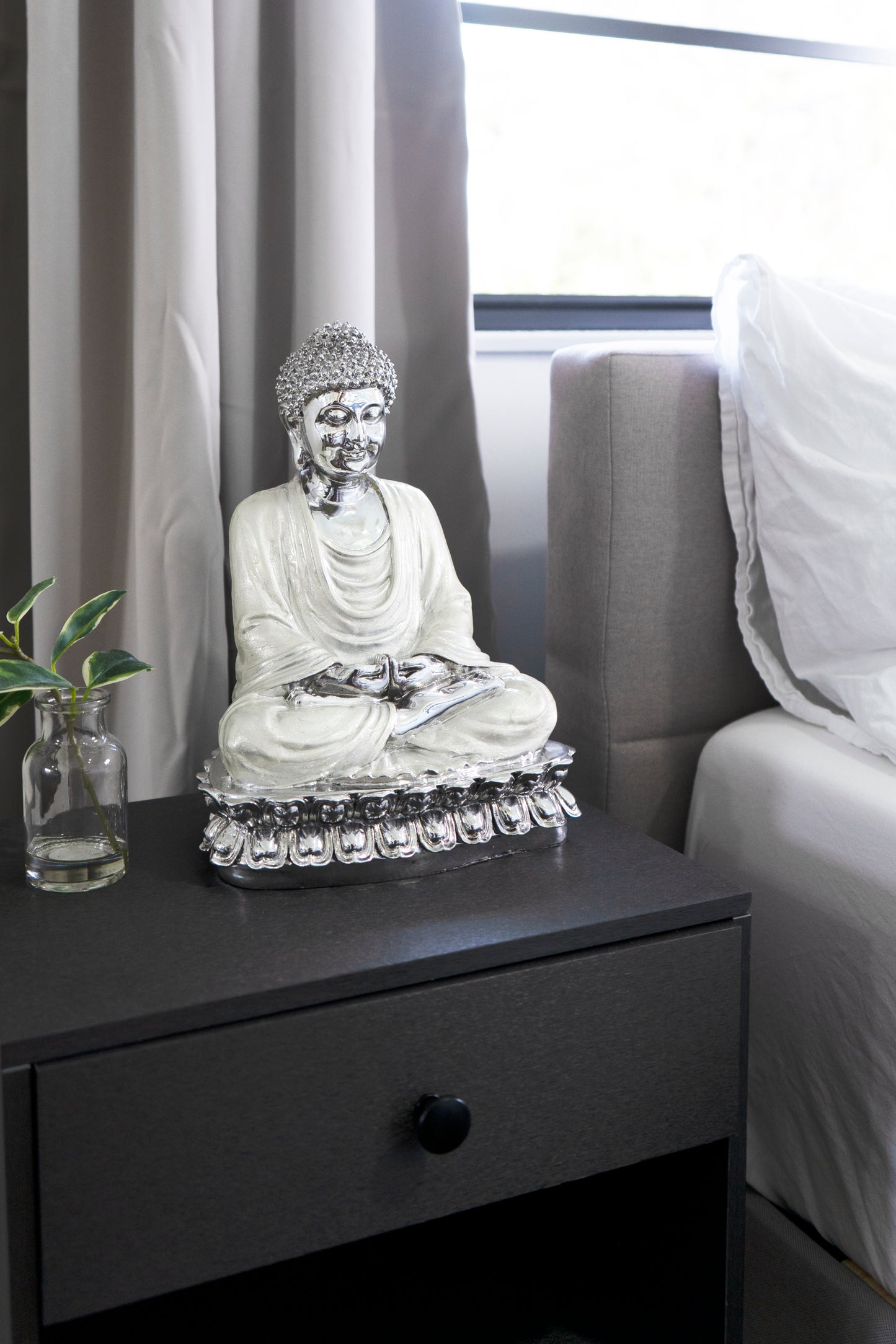 Sitting Tabletop Silver/White Buddha Sculpture - Expo Home Decor