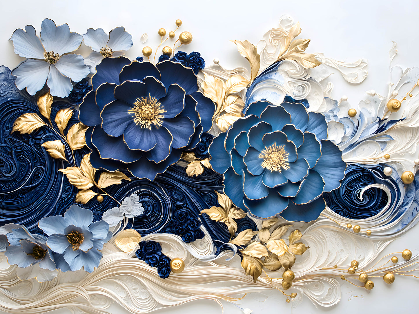 Blue Gold Flower Glass Wall Art 60"x45"