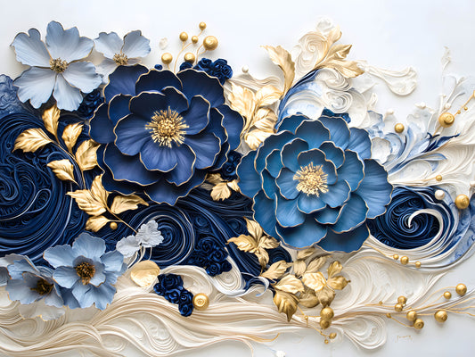 Blue Gold Flower Glass Wall Art 60"x45"