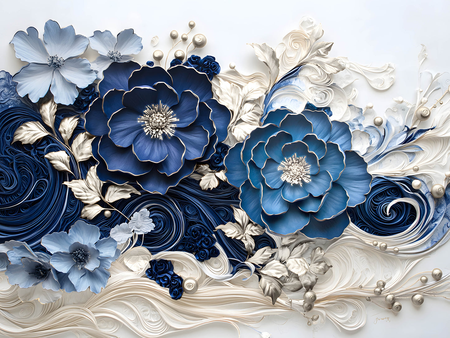 Blue Silver Flower Glass Wall Art 60"x45"
